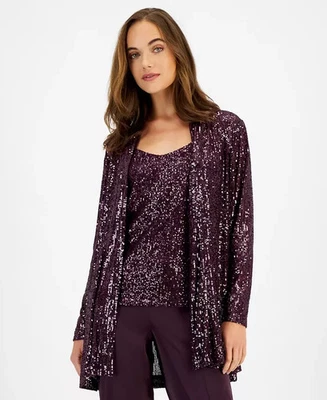 Anne Klein Sequin Embellished Open-Front Jacket Women's L Deep Plum Long Sleeve - Image 1 of 4