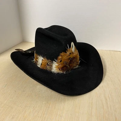 Sombrero americano vintage CO • Maxi fieltro lana • Sombrero de vaquero negro • Banda de plumas Foto 1 de 4