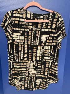 Blusa para mujer ALFANI talla L negra beige estampado abstracto manga corta top claro - Imagen 1 de 5