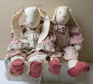 Pair Of VTG 90’s Handmade Muslin Long Eared Country Bunny Rabbits Boy Girl 17.5" - Picture 1 of 10