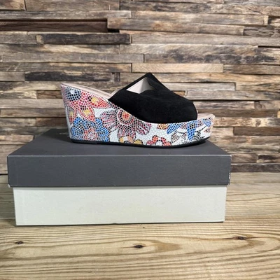 Spring Step Black Multi Suede Floral Wedge Sandals Laylani 37 7.5 - 8 New Womens - Image 1 of 4