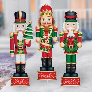 Set of 3 Festive Nutcracker Soldiers Metal Outdoor Staked Christmas Decorations - Picture 1 of 1