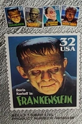 De colección. Camisa Boris Karloff 1997 Adulto Frankenstein Monster USPS Estampilla Talla L/XL Foto 1 de 4