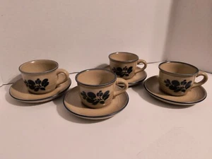Pfaltzgraff Folk Art Flat Tea Coffee Cups & Saucers Set of 4 Vintage Made in USA - Picture 1 of 6