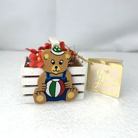 1986 Artistic Gifts You Are Loved Miniature White Wood Basket Teddy Bear Flowers Cover
