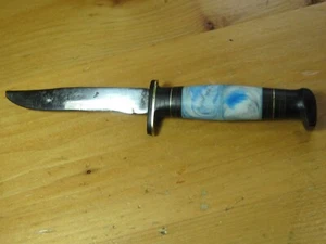 VINTAGE FIXED BLADE HUNTING BONING KNIFE WHITE CELLULOID STACKED LEATHER HANDLE - Picture 1 of 12