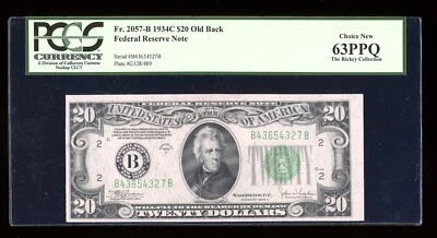 DBR 1934-C $20 FRN New York Old Back Fr. 2057-Bob PCGS 63 PPQ Serial B43654327B - Image 1 of 2