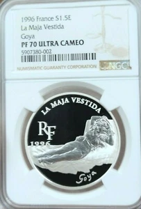 1996 FRANCE SILVER 1.5 EURO LA MAJA VESTIDA GOYA NGC PF 70 ULTRA CAMEO POP 1 - Picture 1 of 4