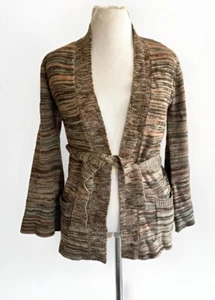 Vintage Space Dye Striped Belted Wrap Cardigan Sweater Pockets Brown Green Gr. S 70’s - Bild 1 von 5