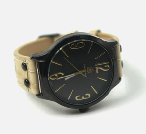 Louis Richard Men's Fashion Black Dial Round Case Beige Leather Band Watch - Picture 1 of 6