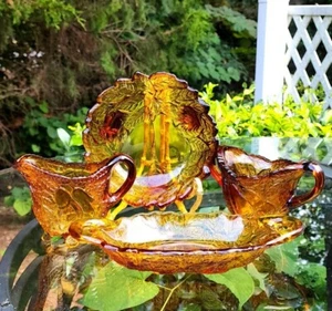 Indiana Amber Glass Tiara Sweet Pear Footed Creamer Sugar Bowl Serving Tray Set - Picture 1 of 10