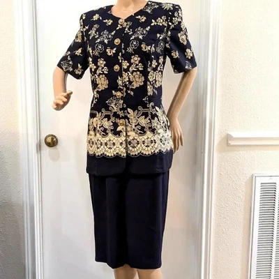 Elegante vintage 2 piezas Vestido Chaqueta LESLIE FAY Talla 10 Azul Marino y Crema Leslie F Foto 1 de 4