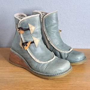 Destroy Vintage 90er Sherpa Leder Plateau Stiefel Damen 37 7 Blau Chunky Retro - Bild 1 von 12