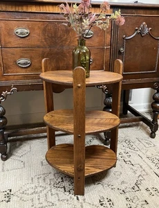 Vintage Oak Heart Side Table Plant Stand 3 Tier Cottagecore Wood Shelf - Picture 1 of 13