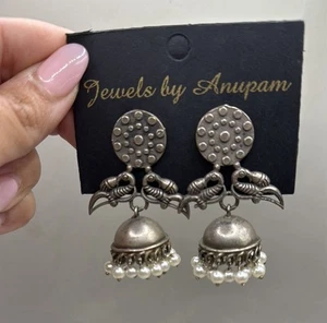 Jewels By Anupam Silver Tone Faux Pearl Indian Dangle Drop Statement Earrings - Picture 1 of 4