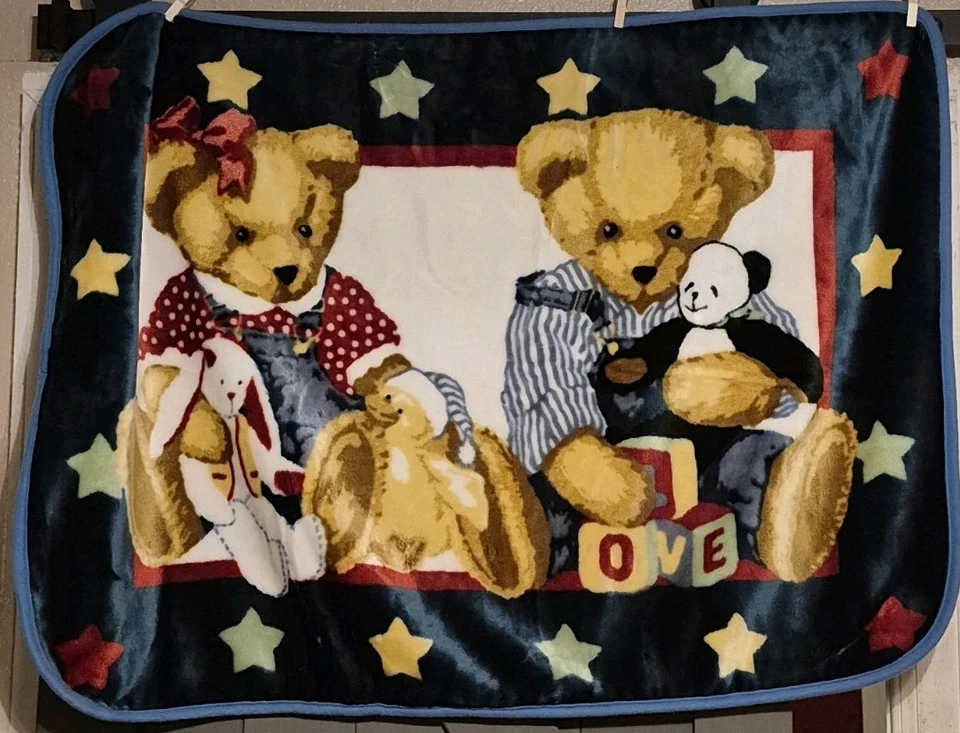 Blue Jean Teddy Bear Plush Fleece Baby Blanket Throw Bunny Panda Stars VTG RARE - Image 1 of 1