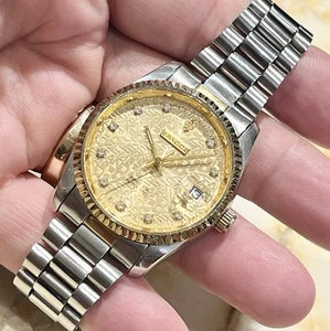 Vintage Sandoz 18KGP 2-Tone Grain Gold Dial Diamond Men's Watch 8502 D-70-2 RUNS - Picture 1 of 15