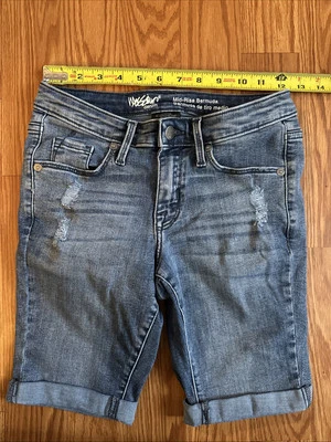 Mossimo Mujer Tiro Medio Denim Bermuda Shorts Talla 0 Elástico Puños Lavado Claro Foto 1 de 4
