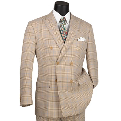 Traje Clásico VINCI Para Hombre Beige Glen Cuadros Doble Pecho 6 Botones - NUEVO Foto 1 de 3