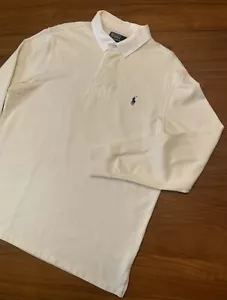 Vintage Polo Ralph Lauren Rugby Shirt Mens M Beige White Long Sleeve 90s Pony - Picture 1 of 15