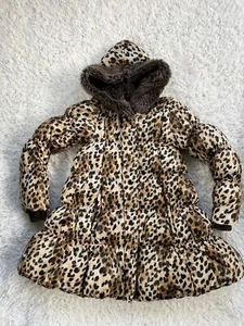 Lands' End Puffer Jacket Brown Leopard Animal Print, Hood Faux Fur Lining Large - Picture 1 of 7