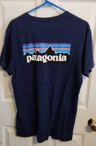 Patagonia Shirt Men Large Blue Navy Sunset Logo Outdoors Nature Hike Spell Out - Picture 1 of 8