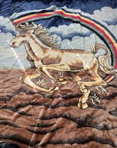 San Marcos Unicorn Rainbow Blanket Cobertor Brown and Cream Blue 90" x 78" READ! - Picture 1 of 5