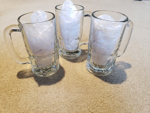Lot of 3 Anchor Hocking 5.5” Tall Heavy Clear Glass Beer Drink Mugs with Handle