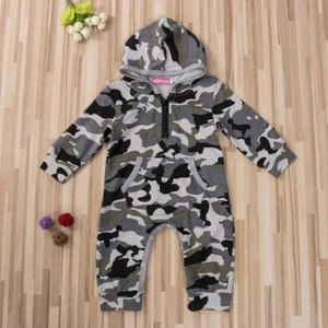 Newborn Toddler Baby Boys Camouflage Hooded Pocket Long Sleeve Rompers Jumpsuit - Picture 1 of 7