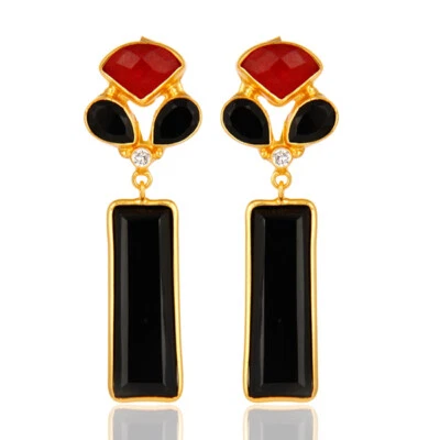 Red Aventurine and Black Onyx Gemstone 18K Yellow Gold Plated Dangle Earrings - Image 1 of 4