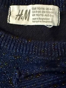H&M Dress Girls Size 4-6 Navy & Metallic Knit Short Sleeve With Bow Cotton Blend - Picture 1 of 10