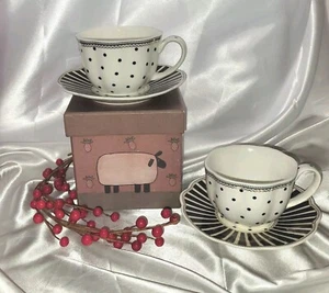 2 Grace's Teaware Blk/ Wht Striped Saucers And Polkadot Cups Gold Trim Porcelain - Picture 1 of 7