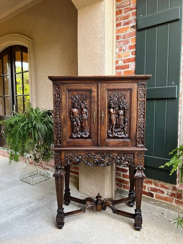 Antique French Carved Walnut Cabinet Bar Renaissance Wine Server Baroque Cover