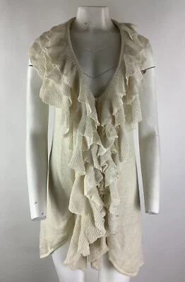 Alice + Olivia Sz S 100% Linen Sleeveless Ruffle Cardigan Cream V Neck        BP - Image 1 of 4
