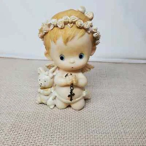 Vtg Baby Girl Angel Praying Bear Floral Crown Metal Cross Figurine  - Picture 1 of 8