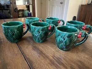 6 Vintage Lefton Green Holly Berry Christmas Punch Mugs #1366 Cups - Picture 1 of 9