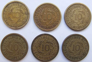 Coin Weimar Republic 10 Reichspfennig 1930 A,D,E,F,G,J complete in Very fine - Picture 1 of 2