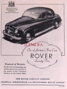 ROVER 'Seventy-Five' Saloon Motor Car ADVERT #5 Small 1951 Vintage Print 670/202 - Foto 1 di 1