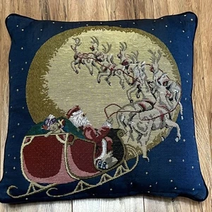 VTG Christmas Holiday Velvet Trim Tapestry Pillow Double Sided Santa Village 14" - Picture 1 of 7
