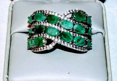 6.48ctw Oval Sakota Emeralds & 1.24ctw Round White Zircon Silver 925 Ring Sz 10 - Image 1 of 4