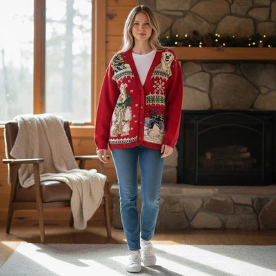 Cárdigan de Navidad Heirloom Collectibles para mujer 1996 oso polar pingüino Foto 1 de 4