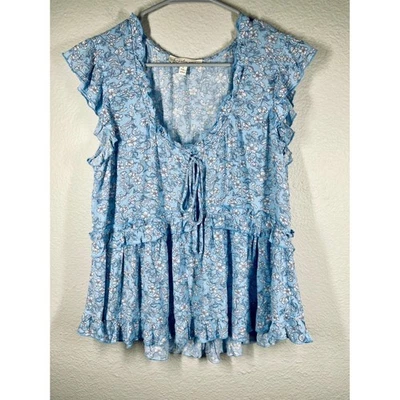 Kingston Grey Blue Floral Ruffle Tie Neck Top Blouse Women's Size L - Image 1 of 4