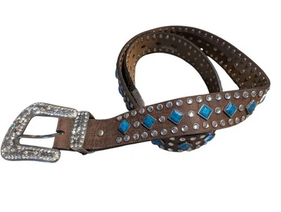 Brillante Cuero Genuino Marrón Plata Metal Hebilla Color Turquesa Piedras LG Foto 1 de 4