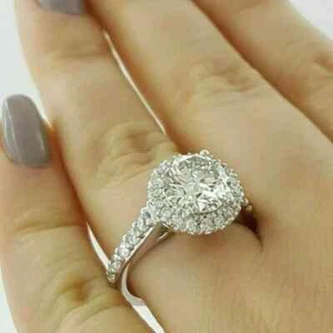 3Ct Round Cut Lab Created Diamond Halo Engagement Ring 14K White Gold Finish - Picture 1 of 3