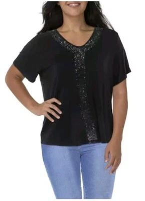 Camiseta Top Coin 1804 Mujer Negra Lentejuelas Manga Corta Plus 2X Foto 1 de 4