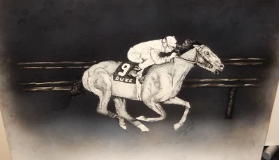 PINTURA TINTA NEGRA ORIGINAL COLLEEN SKELLY "DUQUE #9" PISTA DE CARRERAS DE CABALLOS Foto 1 de 3