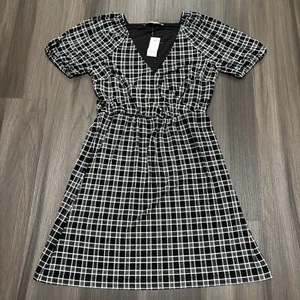 Loft Mini Dress Women’s XS Gingham Puff Sleeve Black White V Neck - Picture 1 of 7
