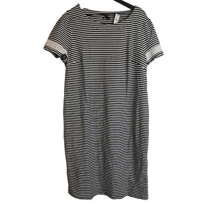 TALBOTS Plus Size 1X Sheath Dress Black White Stripes Short Sleeve Lace Cotton - Picture 1 of 11