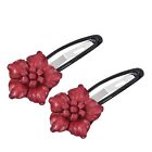 Set of 2 Red Leather Floral Motif Hair Pinch Clip