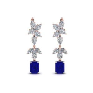 2ct Lab-Created Blue Sapphire Cluster Drop Earrings Women 14k Rose Gold Plated - Picture 1 of 2